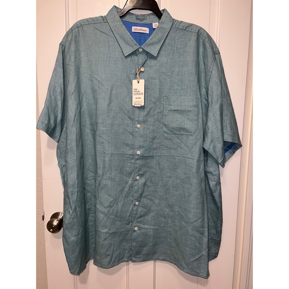 NEW Caribbean Isle Sands Linen Shirt Mens 4XB Teal Blue Short Sleeve Button Up